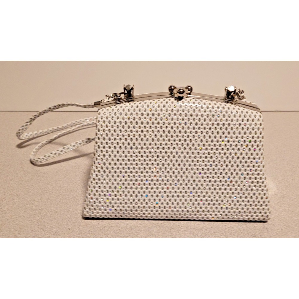 Mini box purse in brocadeWhite/Silver print crossbody With Handle and Body Strap